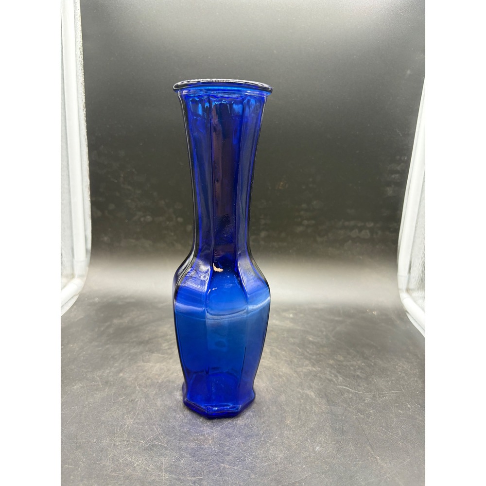 Vintage Cobalt Blue Glass Bud Vase Octagonal Paneled 8.5 Inch Decorative Flower